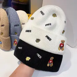 Fashion Korean Style Cartoon Bear Letter Embroidery Winter Warm Women Cute Knitted Hat Female Outdoor Sport Ski Cap Girl Beanie