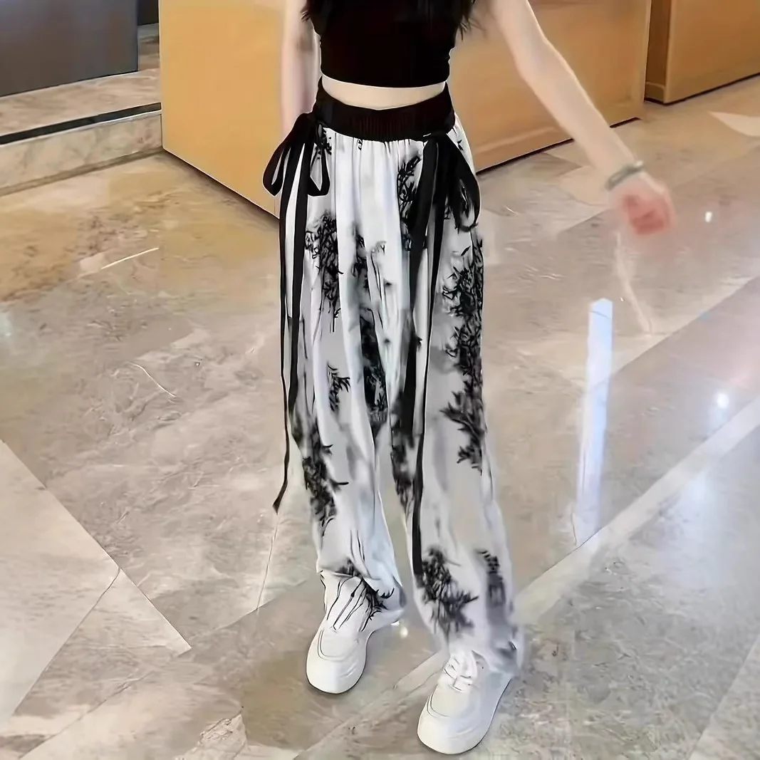 National Style Ink Printing Thin Casual Wide-leg Pants Women's Clothing Summer New Design High Waist Mopping Trousers Cw38116