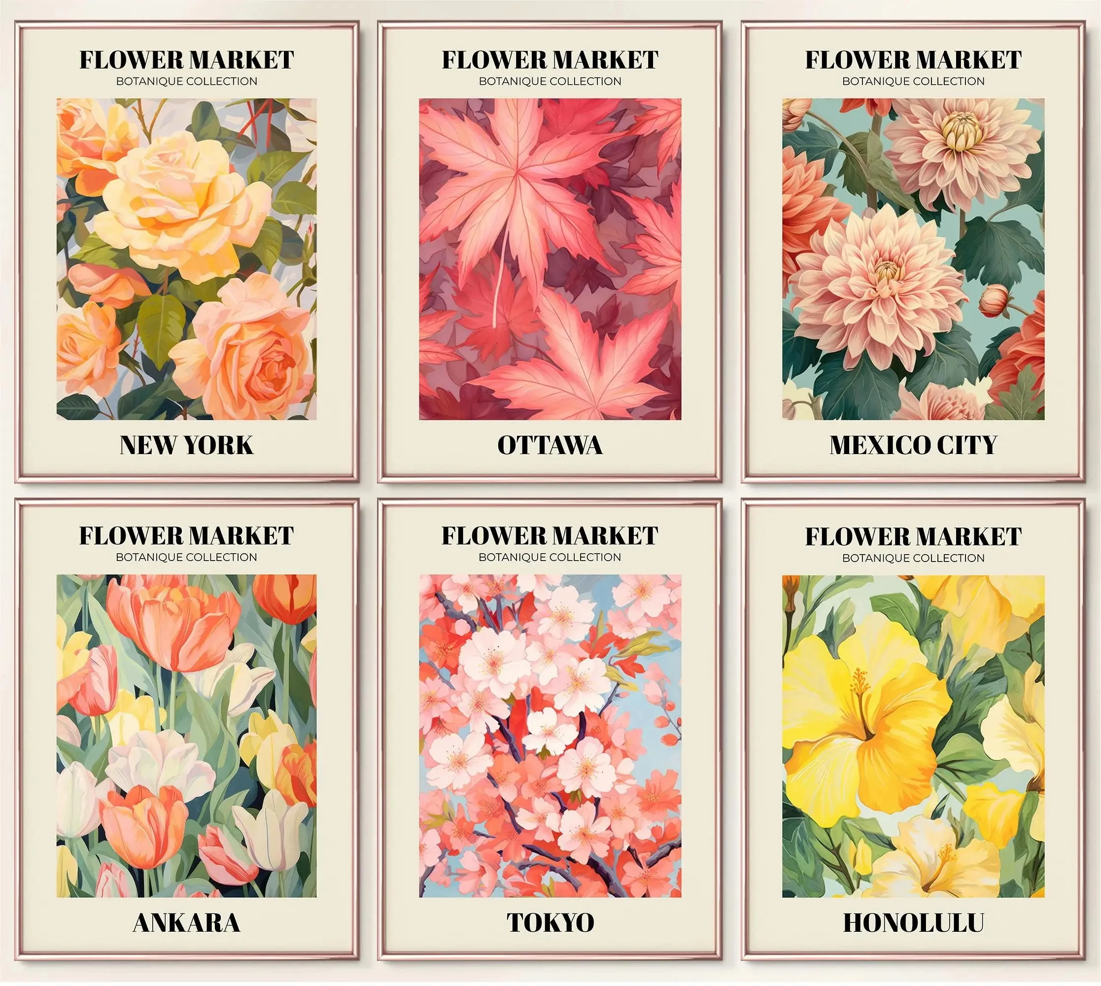 

6pcs Flower Market Colorful City Botanical Rose Tulip Sakura Poster and Prints Canvas Printing Wall Art Picture for Living Room