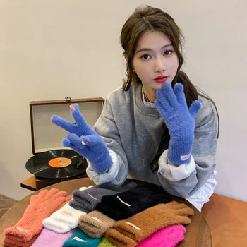 女性用単色タッチスクリーンソフトニットグローブ、厚手の冬用手袋