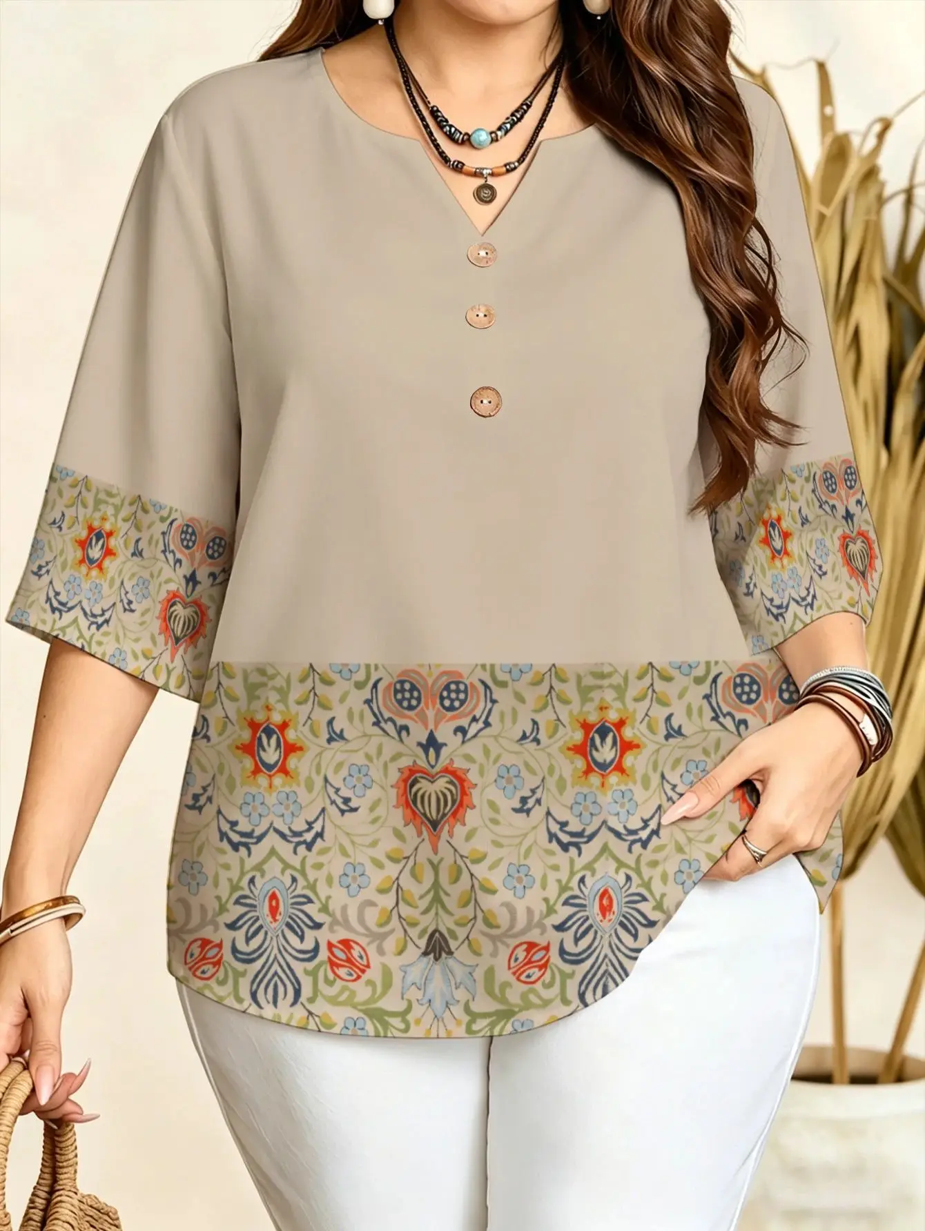 Plus Size Notch V Neck Blouse 3 Decorative Buttons 3/4 Sleeve Loose Floral Print Women Casual Lightweight Top