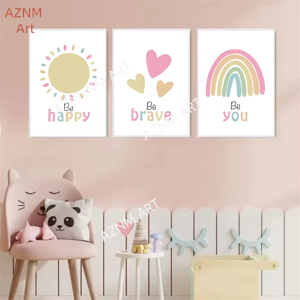 1/3PCS, Cartoon Rosa Herz Poster Nette Sonne Regenbogen Wand Kunst Leinwand Malerei Kunstdrucke Nordic Wand Bilder für Kinderzimmer