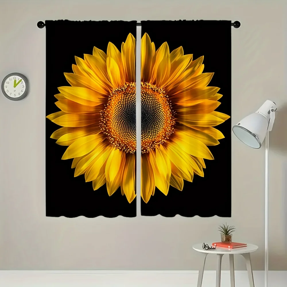 2pcs Sunflower Country Vintage Art Design Floral Farmhouse Sunflower Black Curtains Modern Style Decorative Drapes Window Treatm