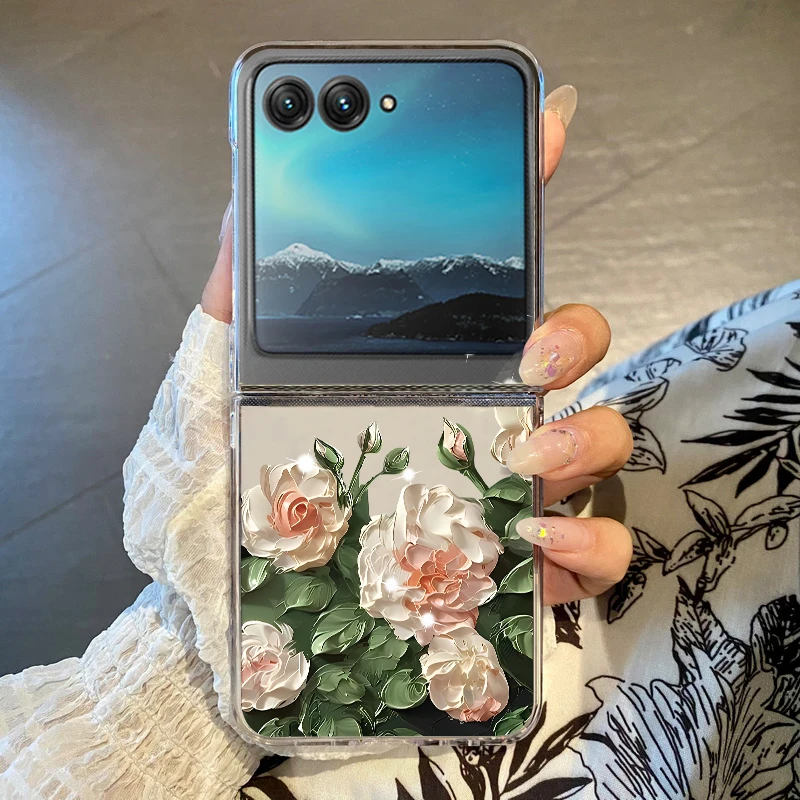 Capa de telefone com padrão de flores brancas para motorola razr 50 40 ultra razr40 razr50 à prova de choque dobrável transparente capa dura para pc