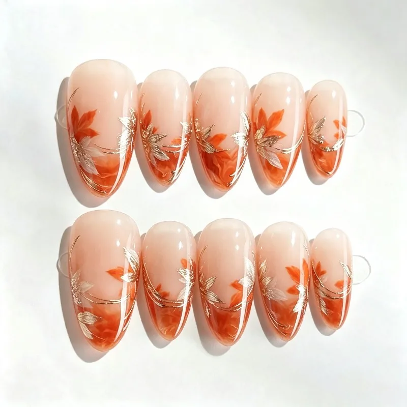 30pcs Press on Nails Almond Brown Gold Foil Maple Leaf False Nails Exquisite Autumn Winter Removable Manicure for Daily Dating