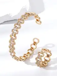 A set of women's new Korean version of the simple trend fashion micro-inlaid oval ring interlocking open bracelet ring set
