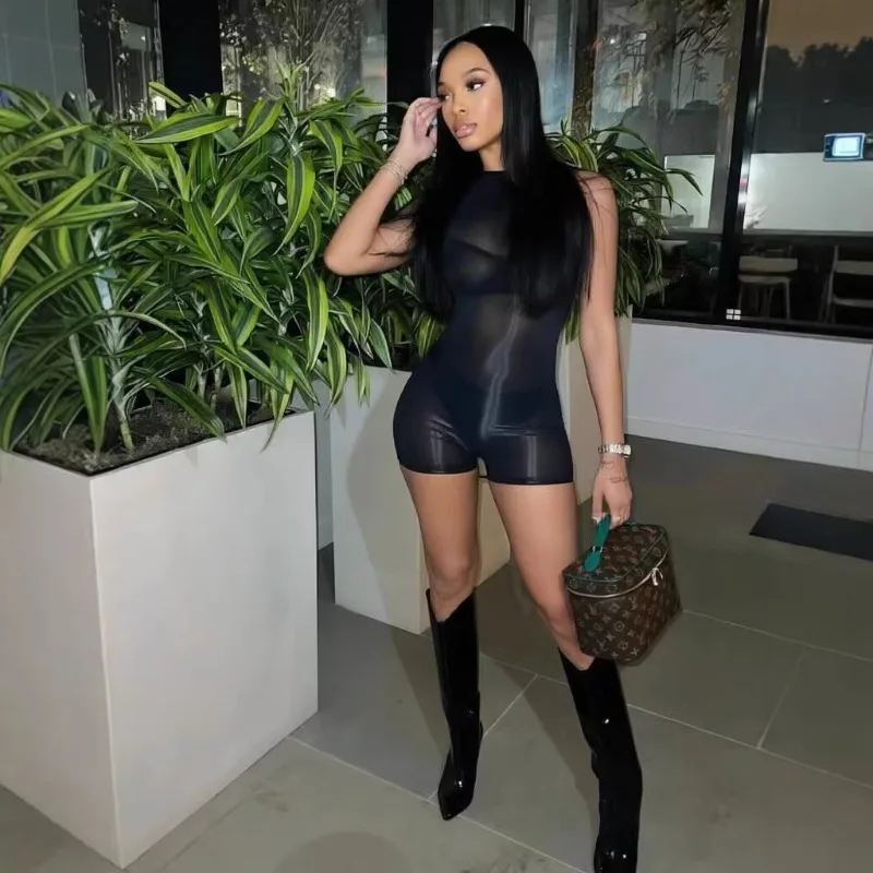 

Глянцевый прозрачный облегающий комбинезон для женщин: сексуальный, бесшовный, с круглым вырезом, без рукавов, персикового цвета, для ночного клуба