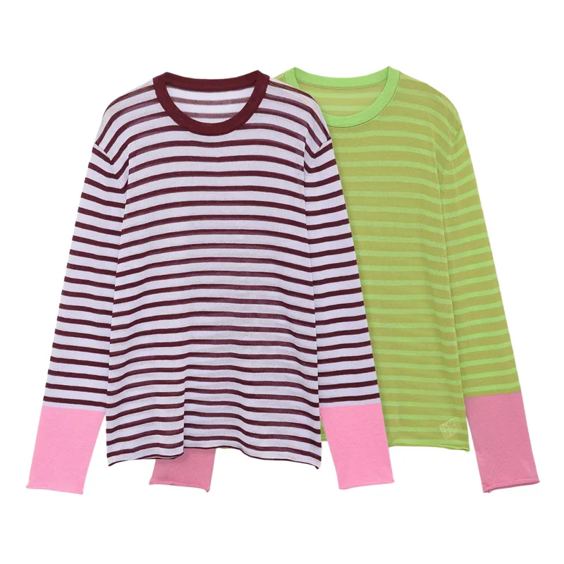 

Withered Casual Loose Round Neck Long Sleeved Striped Knitted Sweater For Women's Sweater Knitwear Woman Clothing Woman Clothes