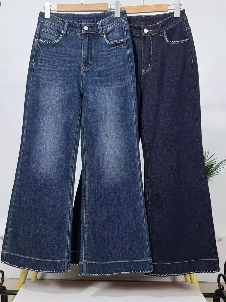 

Модные ретро вышитые утягивающие расклешенные джинсы с высокой талией, женские удобные осенние брюки-колокольчики со средней посадкой