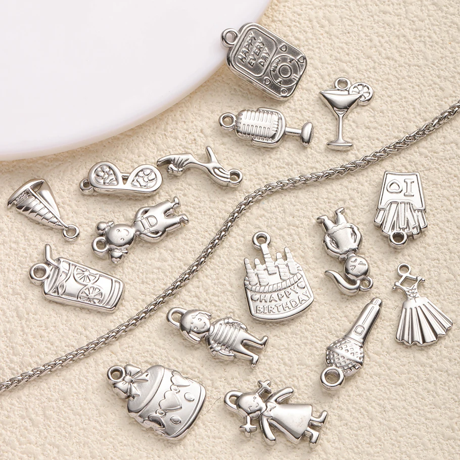 12pcs Cartoon Little Girl Dress Personality Originality Stainless Steel Pendant Silver Color No Fading DIY Cake Microphone Charm