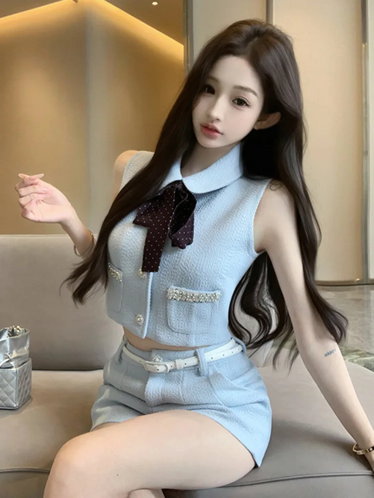

2025 Spring New High-end French Tweed 2 Piece Pant Sets Women Outfit Fashion Sweet Chic Vest Top + High Waisted Shorts Set
