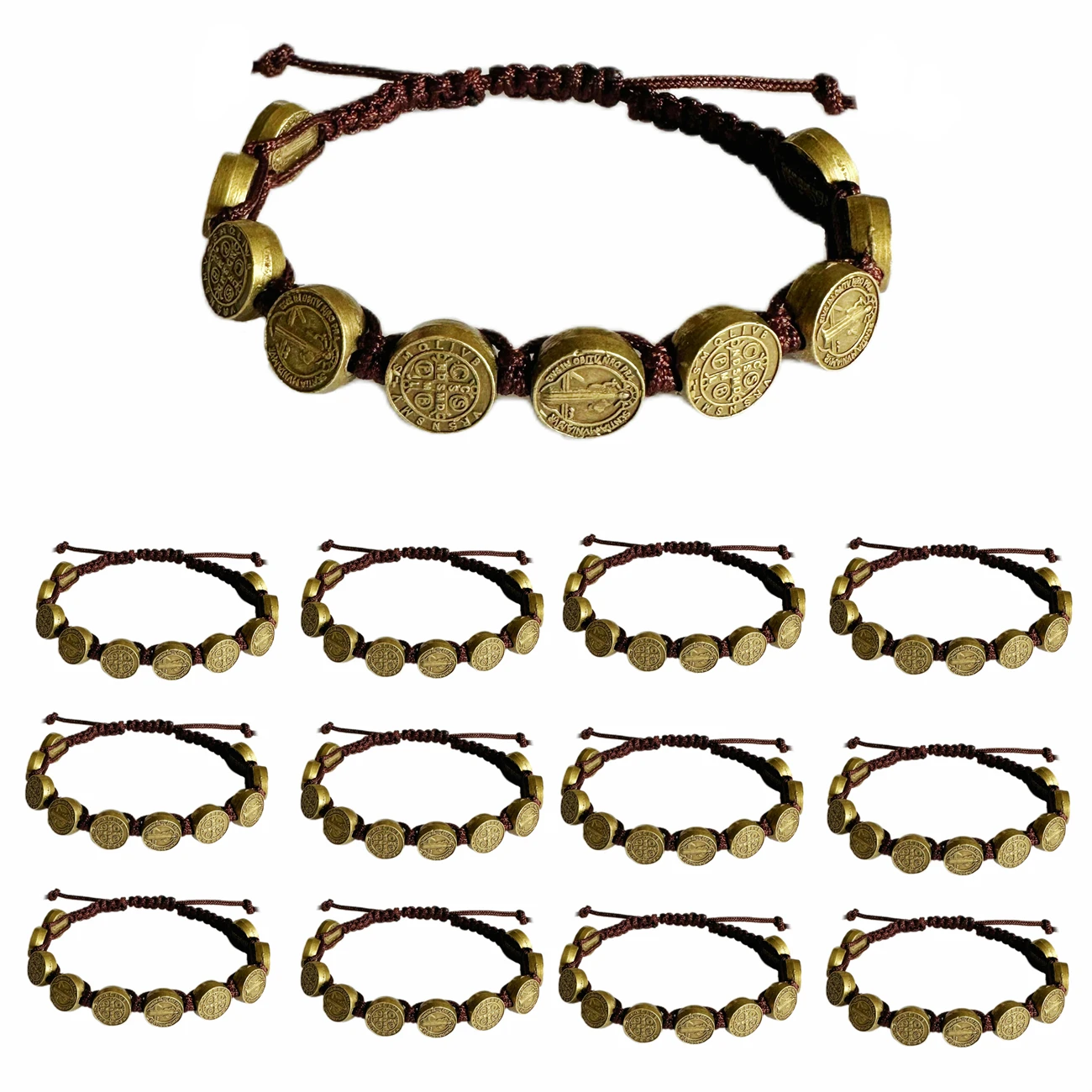 

12 Pieces/Pack Antique Golden San Benito Bracelets Protection Handmade Red Black Cord Benedict Wrist Bracelets Rosary Bracelet