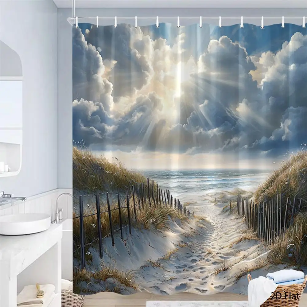 Waterproof Beach Shower Curtain Ocean View Coastal Nature Bathroom Liner Sunlight Seascape Tropical Tide Decor Accent