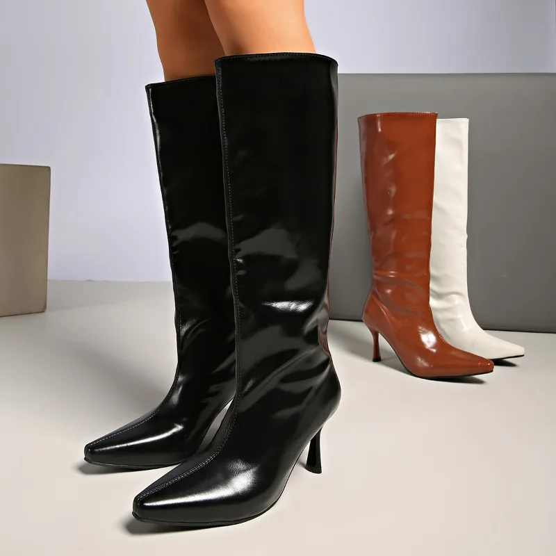 

Stiletto High Boots Fashion Simple Pointed Toe Glossy Leather Sleeve Anti-Slip Wear-Resistant Pumps