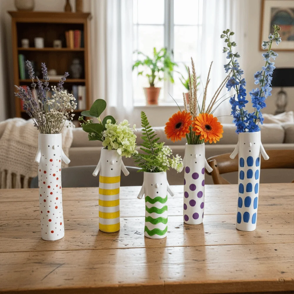 

Creative Painted Resin Flower Holder Funny Unique Floral Vase Handmade Cylinder Shape Face Vase Table Decoration