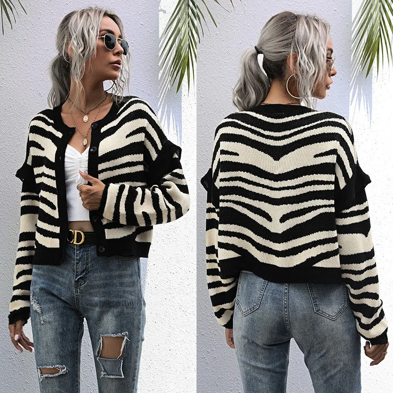 Women 2023 New Fashion Zebra Print Ruffled Cropped Knitted Cardigan Sweater Chic Y2k Tops Vintage Long Sleeve Female Outerwear