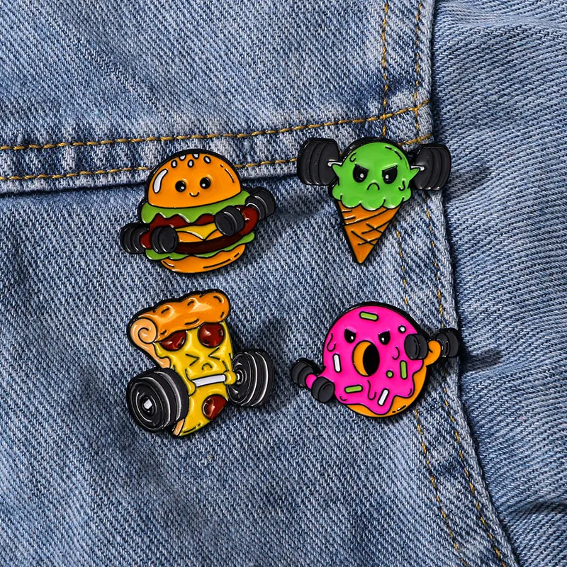 4Pcs/Set Creative Cartoon Barbell Pizza Ice Cream Pins Dumbbell Burger Doughnuts Enamel Brooces Food Jewelry For Fitness Lovers