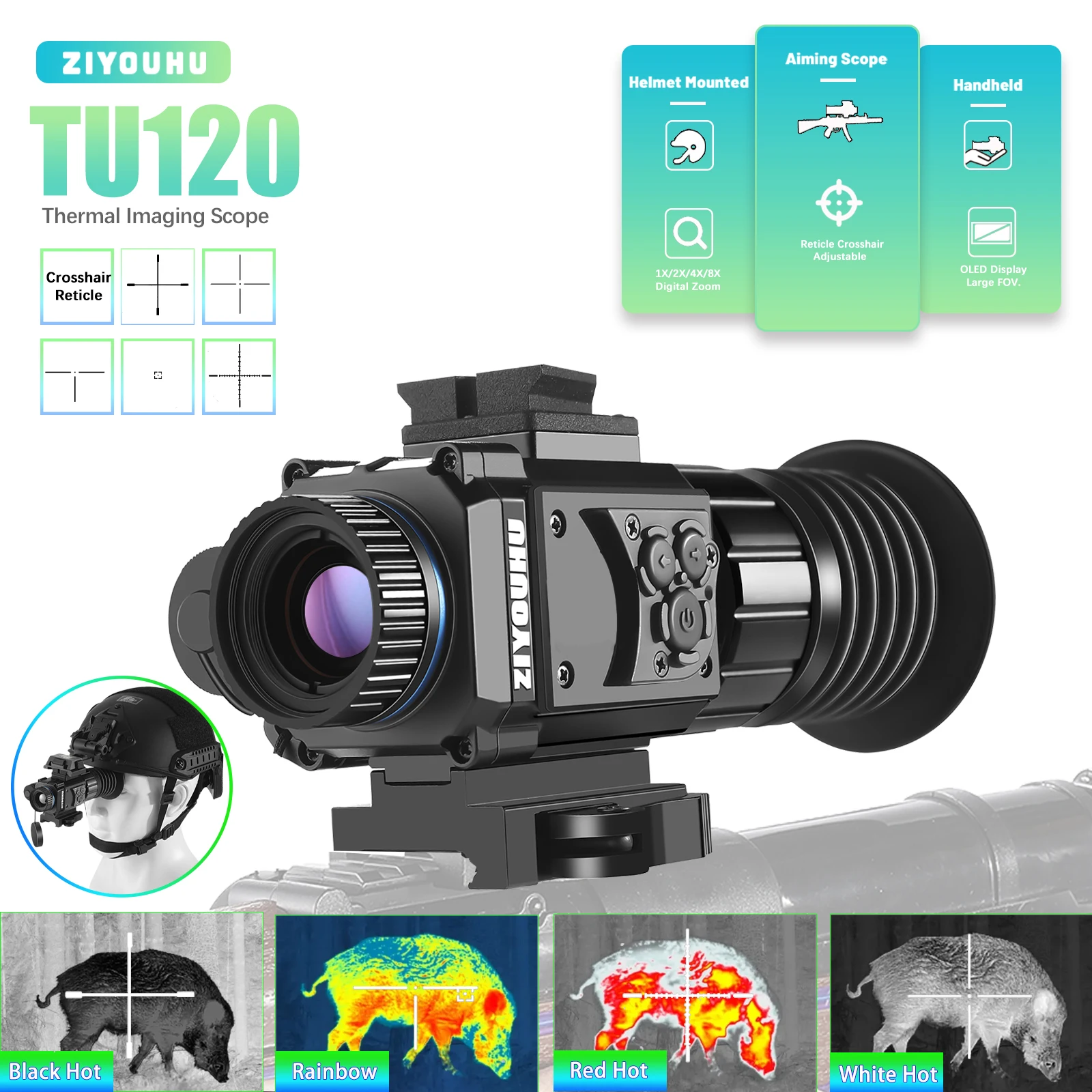 TU120 Thermal Imaging Head Mounted Thermal Vision Monocular Sight Scope Helmet Hunting Riflescope Reticle Crosshair IR 384X288