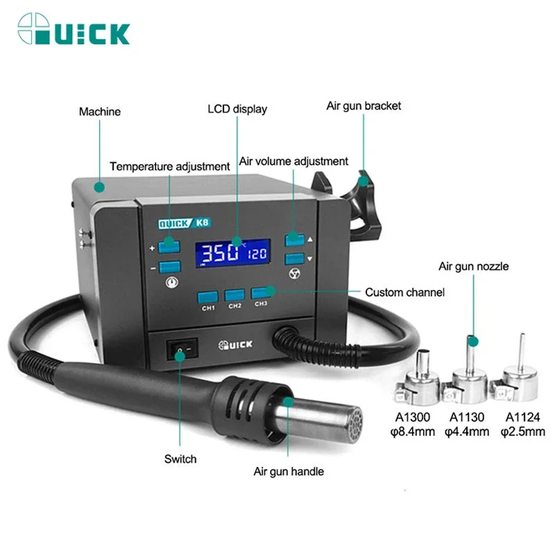 Quick K8 1000W Lead-free Hot Air Desoldering Rework Station Phone Repair Digital Display Hot Air Gun Rework Soldering Station