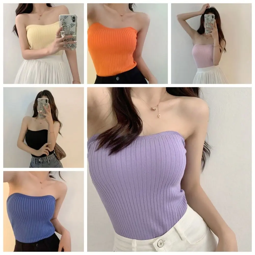 Womens 2024 Tube Tops Colorful Summer Sweater Knit Bandeau Strapless Ribbed Knit Sleeveless Y2K Corset Crop Top