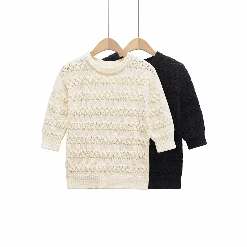 

Solid-Colored Knit Sweater Round Neck 3/4 Sleeve Textured Stripe Weave with Openwork Detail Spring Office to Casual Versatile
