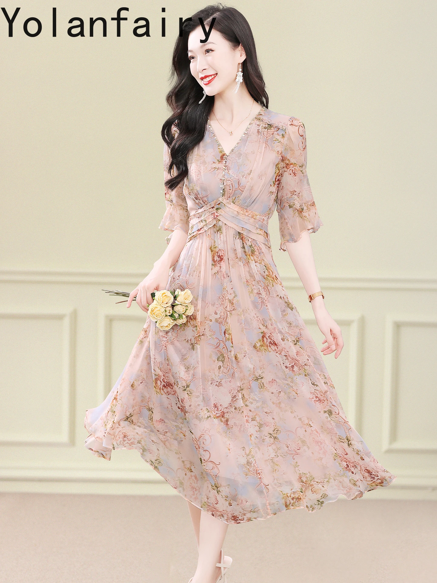 YOLANFAIRY 100%Natural Mulberry Silk Dress Women French Gentle Style V-neck Printed Dress Elegant Birthday Dresses Woman Vestido