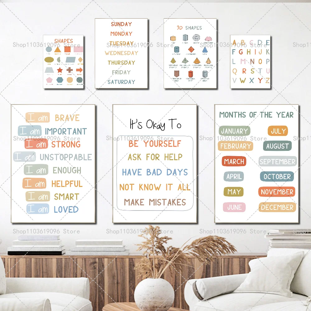 English Education Alphabet Number Color Shape Poster Self-adhesive Art Waterproof Paper Sticker Coffee House Bar Room Wall Decor