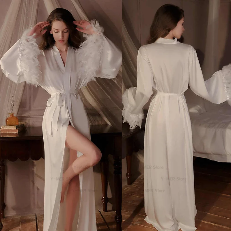 Extra Long Nightgown Women Feather Kimono Robe Satin Maxi Dressing Gown Sleepwear Bride Wedding Boudoir Bathrobe Nightdress