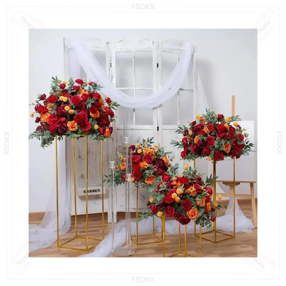 

FSDKX High Quality Red Silk Roses Artificial Flower Ball Wedding Centerpiece Modern Style Table Decoration