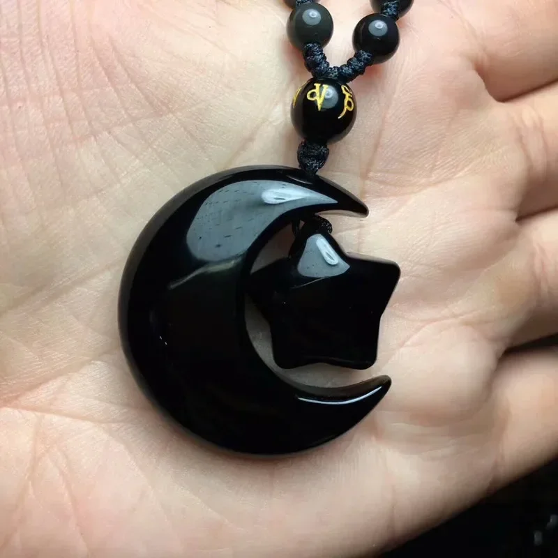 Wholesale JoursNeige Black Natural Obsidian Stone Pendants Star Moon Pendant Necklace Help Marriage for Women Fashion Jewelry