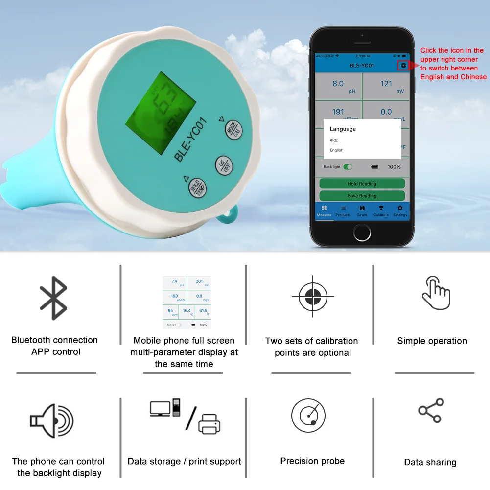 Bluetooth Digital ORP EC TDS Temp Chlorine PH Meter IP67 ATC Smart APP Online Swimming Pool Water Quality Monitor Data Alarm Set