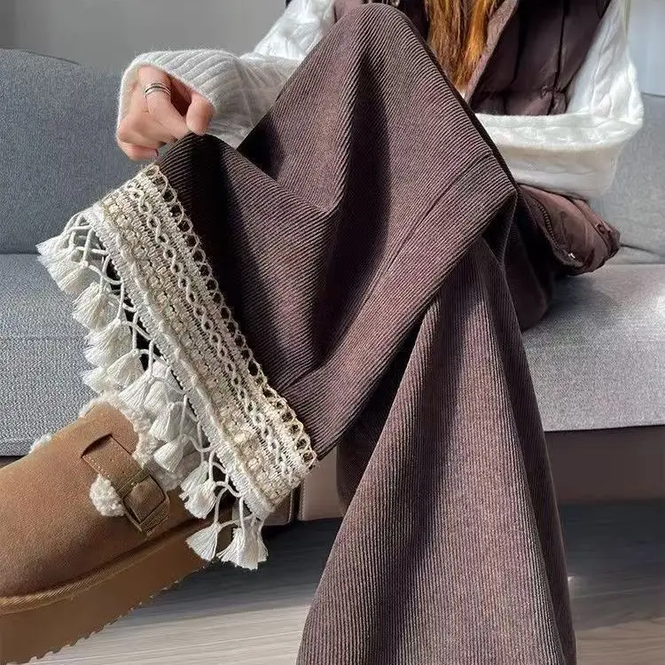 Fleece and thickened corduroy wide-leg pants women's winter new high-waisted thin loose-fitting fringed casual nine-point pants
