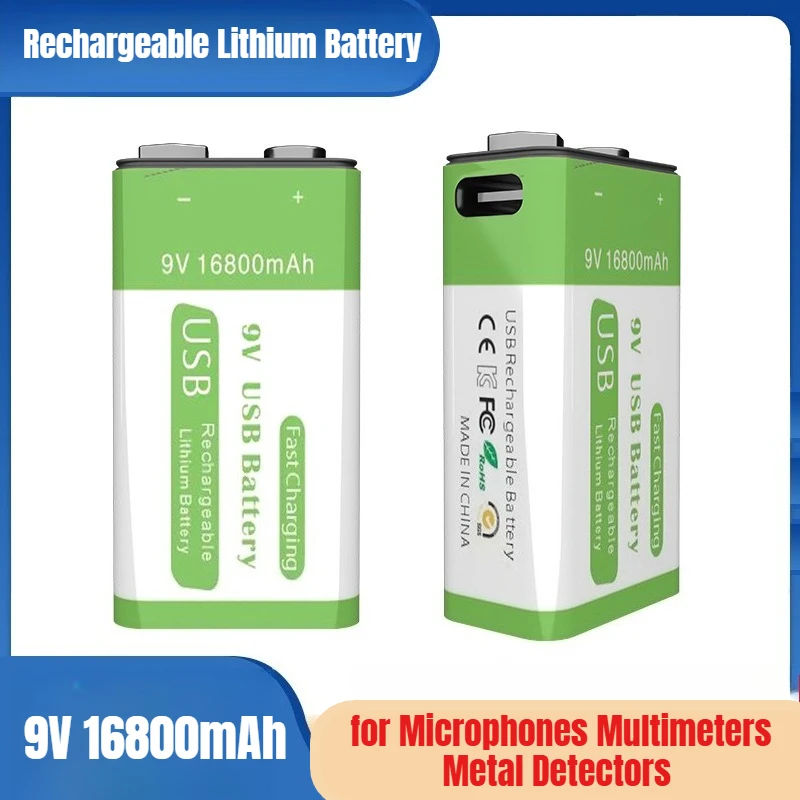 

9V 16800mAh Rechargeable Lithium Battery Type-C Suitable for Microphones Multimeters Metal Detectors