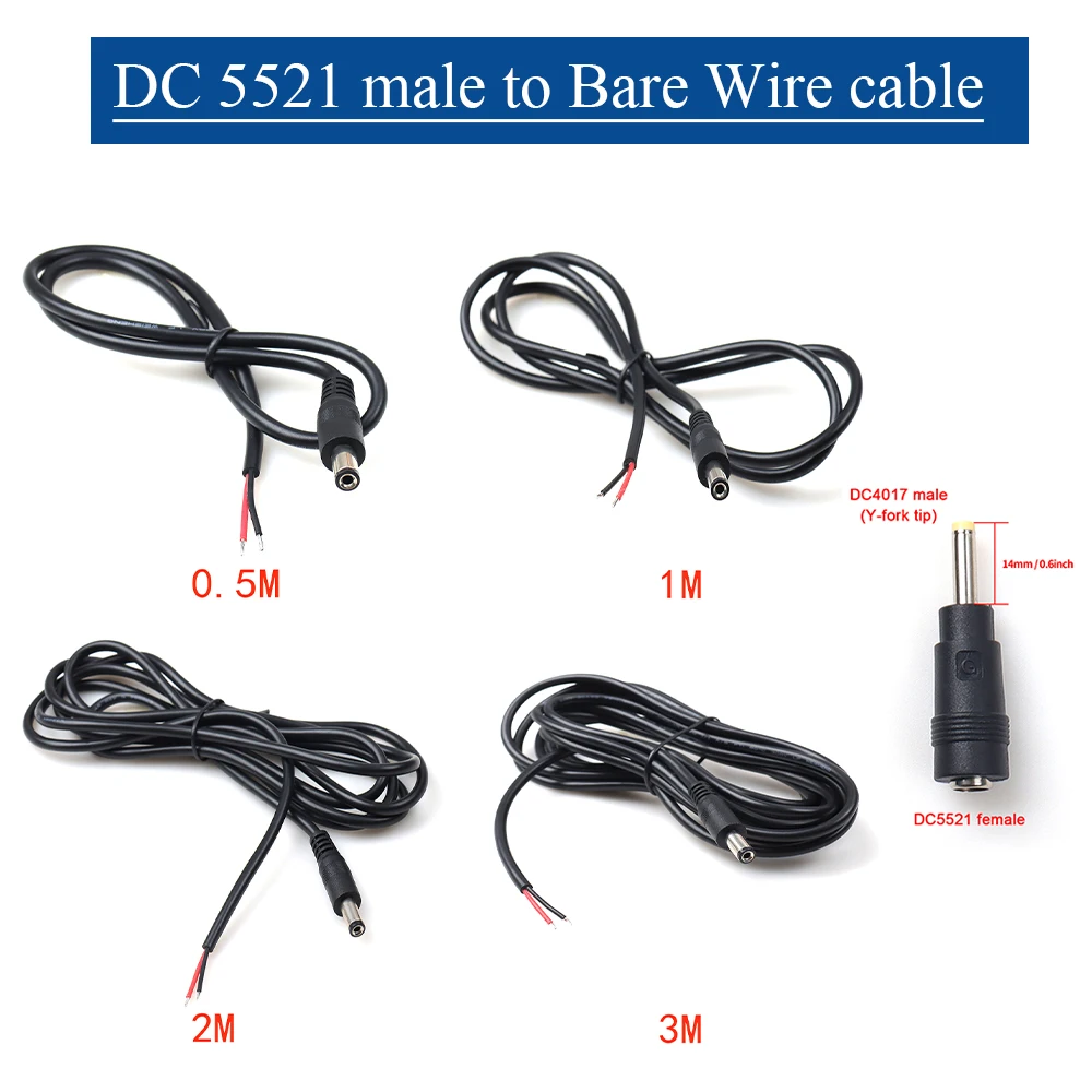 Black DC5.5*2.1mm to Bare Wire Cable 20AWG for LED lighting outdoor gear DIY electronics & maintenance | 0.5M 1M 2M 3M
