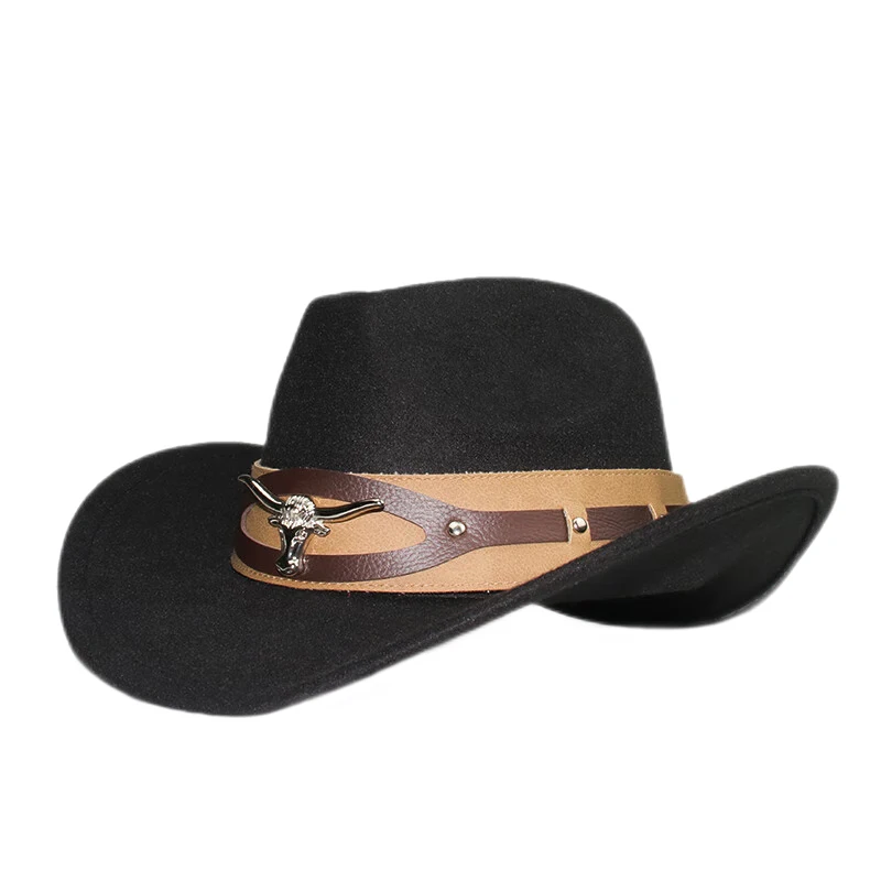 Retro Big Oxhead Leather Band Women Men /Kid Child Wool Wide Brim Cowboy Western Hat Cowgirl Bowler Cap  (54-57-61cm)