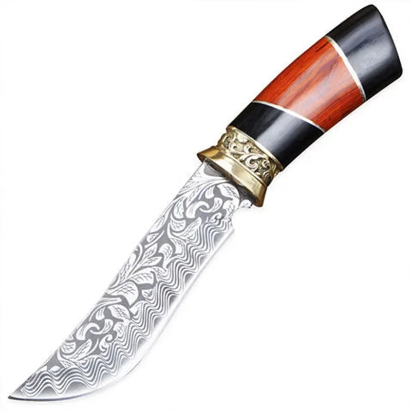 

Stainless Steel Damascus Steel Pattern Fixed Blade Knife Wooden + Brass Handle Hunting Tool Outdoor Camping Knifes for Men