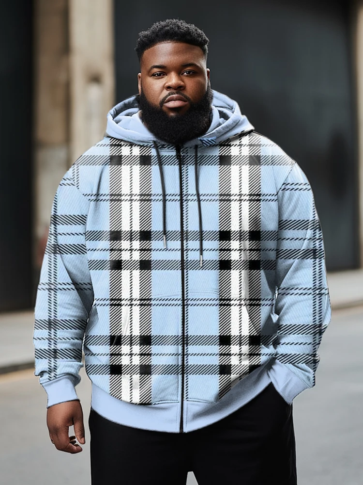 ZOOY (L-9XL) Men's Plus Size Color-Blocked Plaid Scattered Check Casual Gentleman Long Sleeve Zip Hoodie Jacket