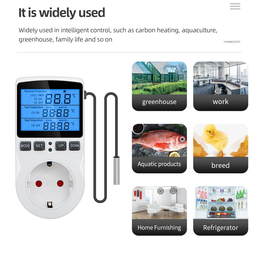 Termostato Timer presa con sensore di temperatura termostato Controller digitale interruttore retroilluminazione blu sensore sonda riscaldamento raffreddamento