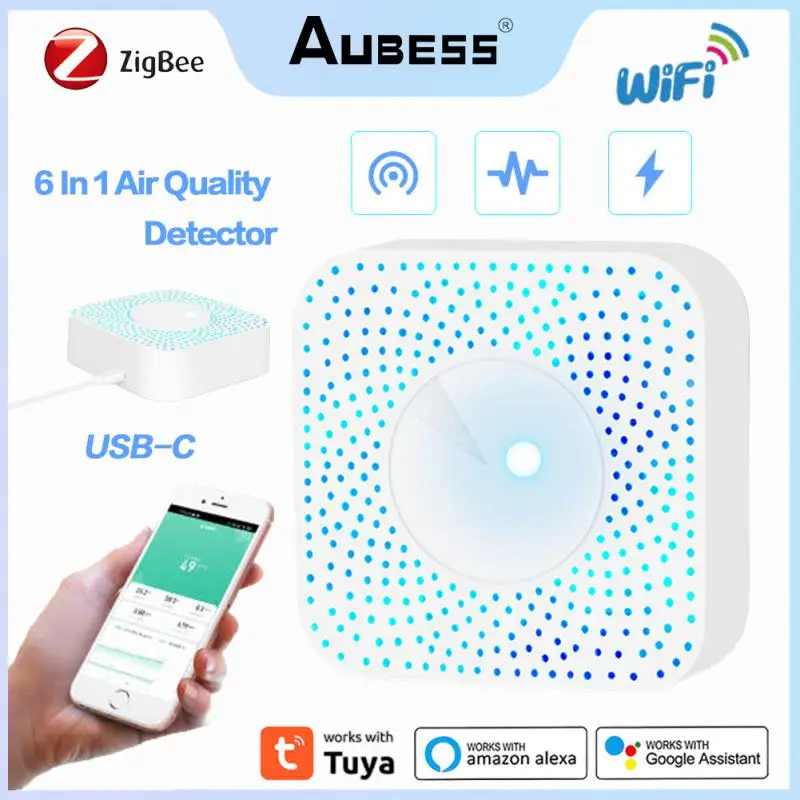 Tuya Zigbee WiFi 6 In 1 Air Quality Detector PM2.5/Formaldehyde/VOC/CO2/Temperature/Humidity Tester Automation Alarm Detector