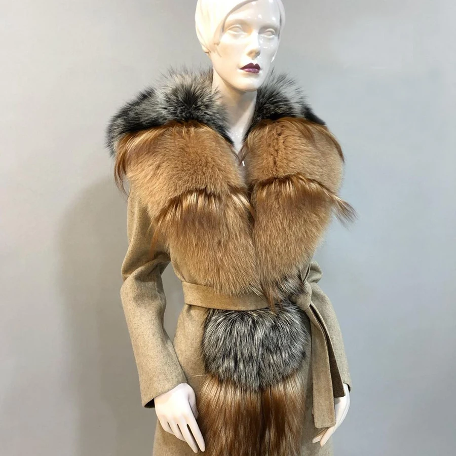 Cappotto in lana di cashmere con pelliccia di volpe naturale Giacca invernale in vera pelliccia per donna Cappotto lungo in misto lana di lusso