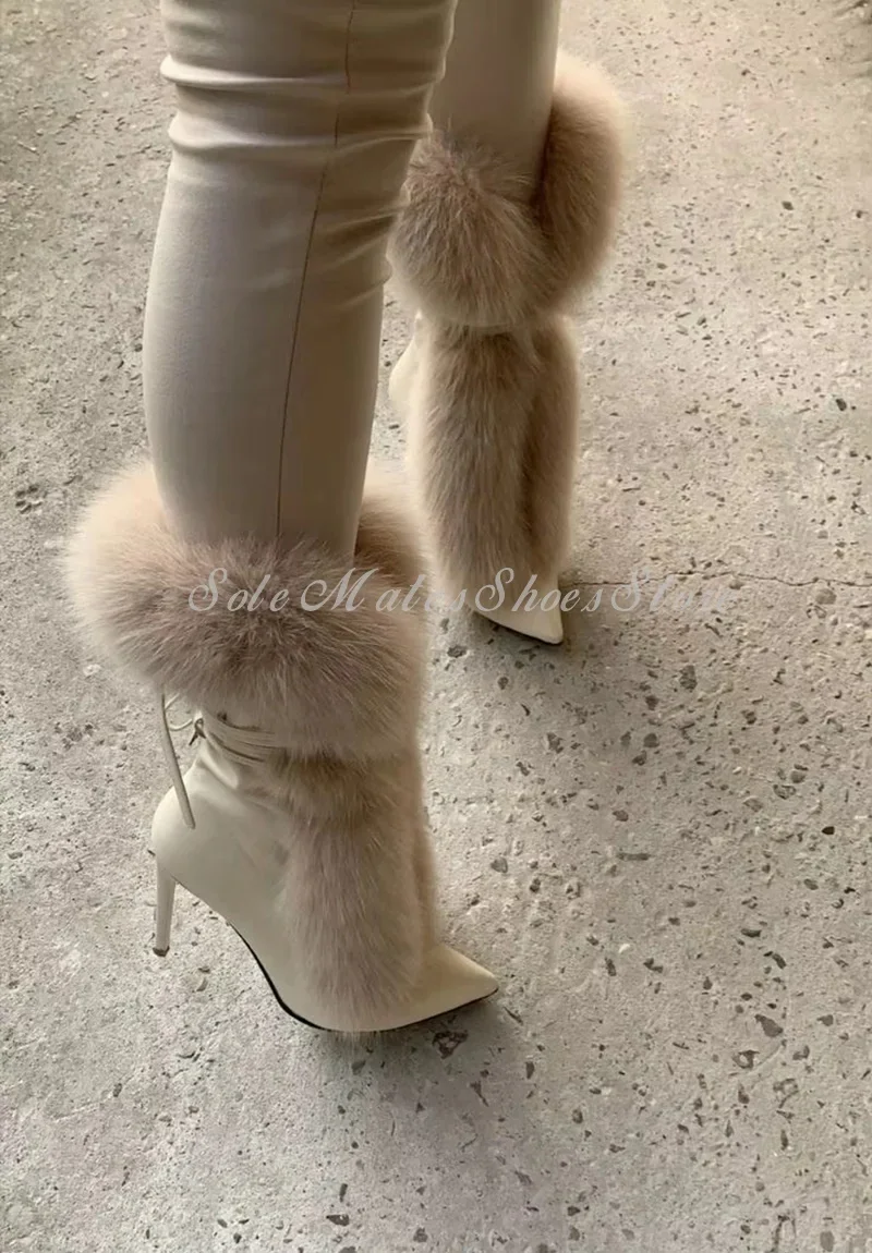 펑크 스타일 베이지색 포인티드 토 리얼 퍼 모던 부츠 레이스업 스틸레토 하이힐 섹시 스노우 부츠 여성용 우아한 미드 카프 부츠