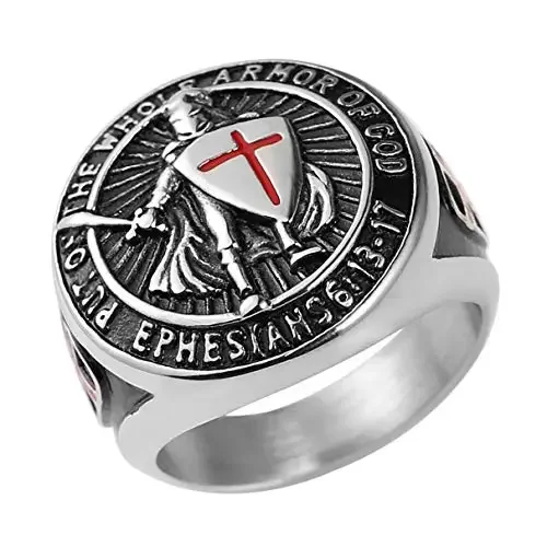 Knights Templar Put On The Whole Armor of God Ephesians Red Cross Design Men's Stainless Steel Ring