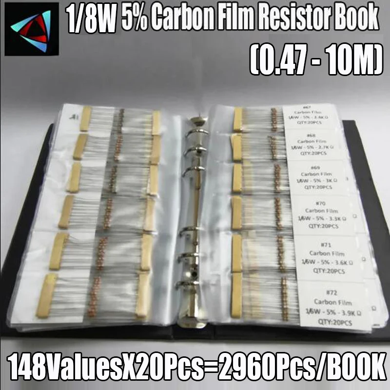 1/8W 5% 0.47~10M Carbon Film 148valuesX20pcs=2960pcs Assorted Resistor Kit Pack Sample Book