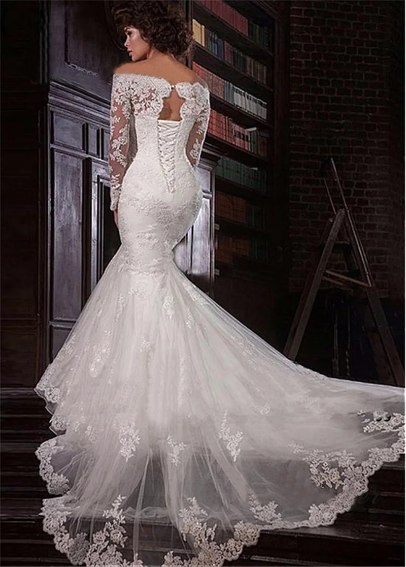 VENSANAC Boat Neck Lace Appliques Mermaid Wedding Dress Off the Shoulder Illusion Long Sleeve Sweep Train Bridal Gowns