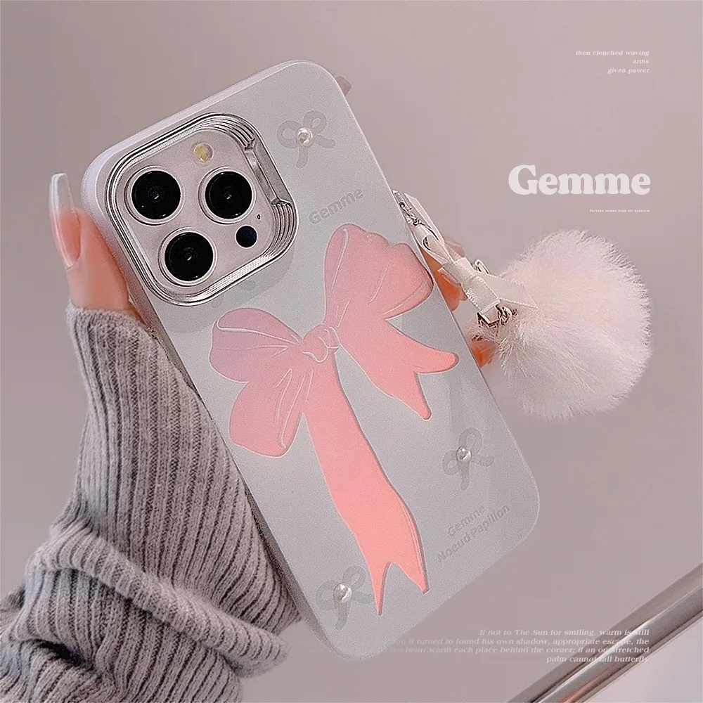 Cartoon laser bow ins plush bow shockproof pearl back cover for iphone 13 14 promax 11 12 15 pro max phone case conque