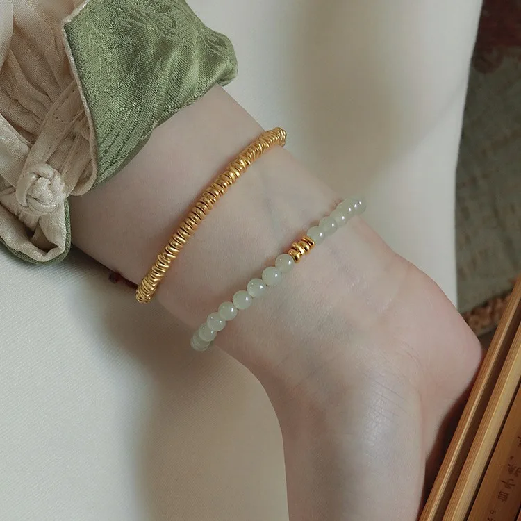 Chinese Style Natural Hetian Jade Handstring Bracelet With Gold Beads Lucky Wealth Blessing Dainty Stretch Beaded Gift For Women