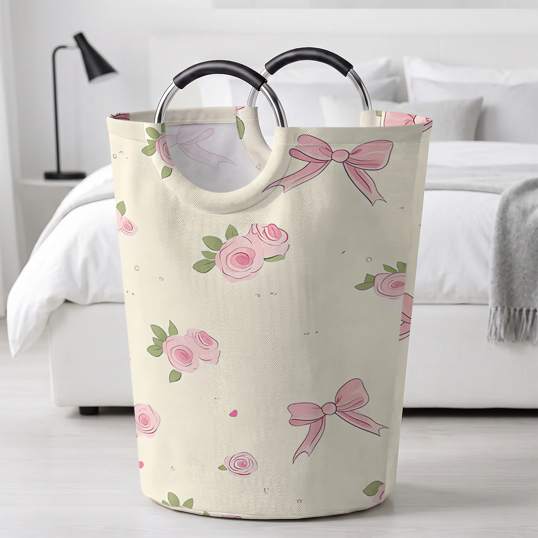 Pink Rose And Bow All‑Over Print Handheld Storage Basket, For Laundry, Bedroom & Home Sundries Storage