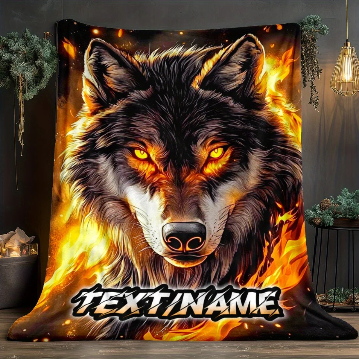 Custom Wolf Blanket Flaming Wolf Head Fire Eyes Dark Design Personalized Name Fleece Throw All Season Soft Warm Bedding