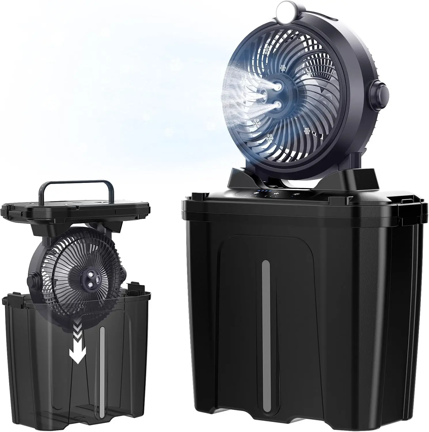 

Портативный вентилятор для запотевания, ведро 11 л, 20000 мАч, 3 скорости/спрей, для наружного использования.