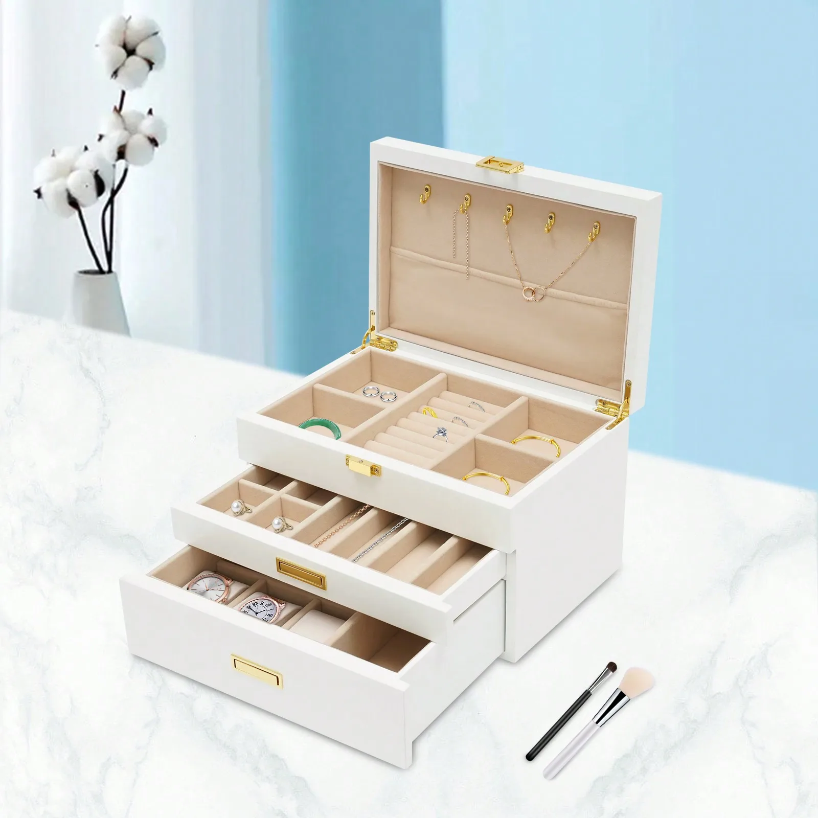 Jewelry Box For Women 3 Layers Jewelry Storage Box White Necklace Ring Watch Bracelets Organizer Jewelry Case Earrings Display